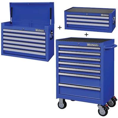 WESTWARD 361LN3 WESTWARD Rolling Cabinet Kit, 16-Drawers, Powder Coated Blue,