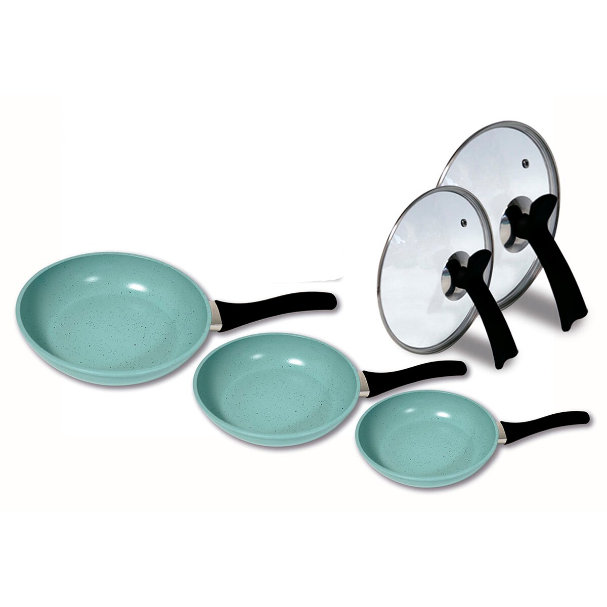 Starlyf Jade Pan Set, Pfannenset, Aluminium, 5-tlg., 20/24/28cm, 3 Pfannen, 2 Glasdeckel, Deckelgriff zum abstellen, Antihaft, Induktion, grün Image