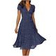 Damen Retro Sommer Midi Kleider Polka Dot Gedruckt V Ausschnitt Kurzarm Strand Party Kleid Hohe Taille A-Linie Sonnenkleid