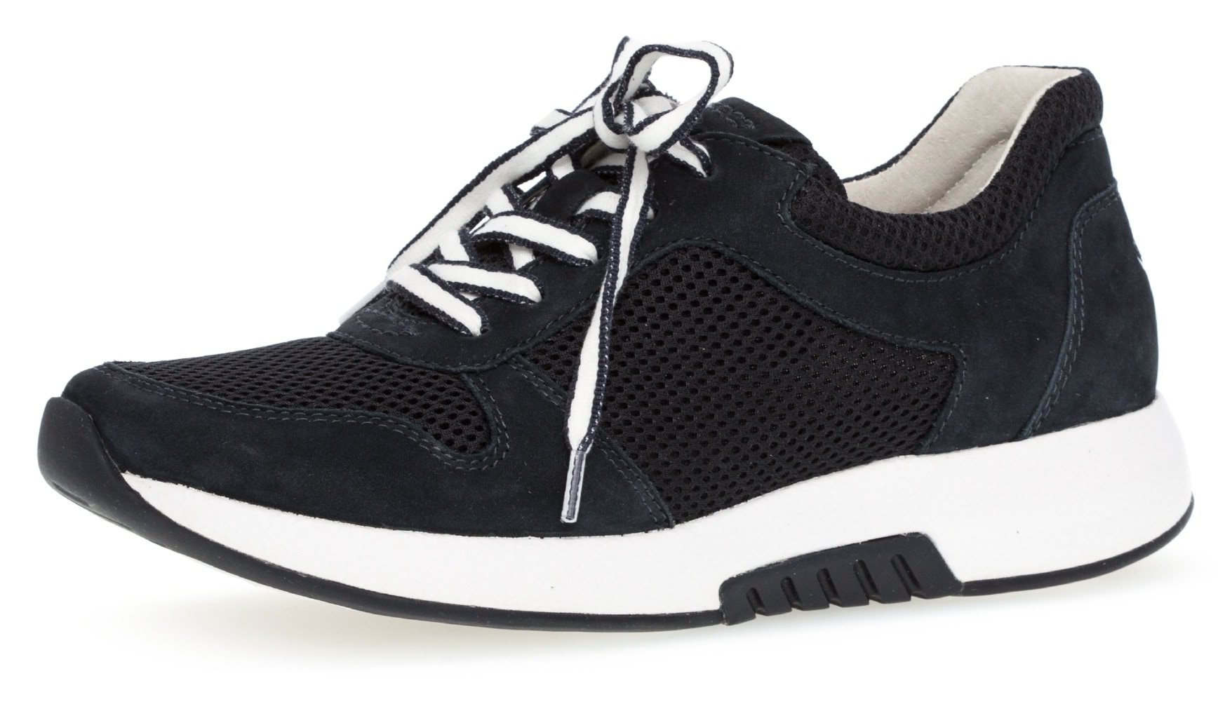 Keilsneaker GABOR ROLLINGSOFT, Damen, Gr. 40, blau (nachtblau), Nubukleder, Textil, Schuhe Sneaker, Freizeitschuh, Halbschuh, Schnürschuh mit Logo an der Ferse