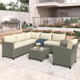 Oaks Aura Patio Furniture Set, 5 Piece Outdoor Wicker Conversation Sofa Set, with Coffee Table, Cushions and Single Chair