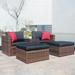 5 Pieces Outdoor Patio Garden Brown Wicker Sectional Sofa Conversation Set with Black Cushions and Red Pillows for Poolside