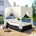Outdoor Patio Wicker Sunbed Daybed with Water-resistant Cushions and Adjustable Seats with Four-sided Canopy & Overhead Curtains