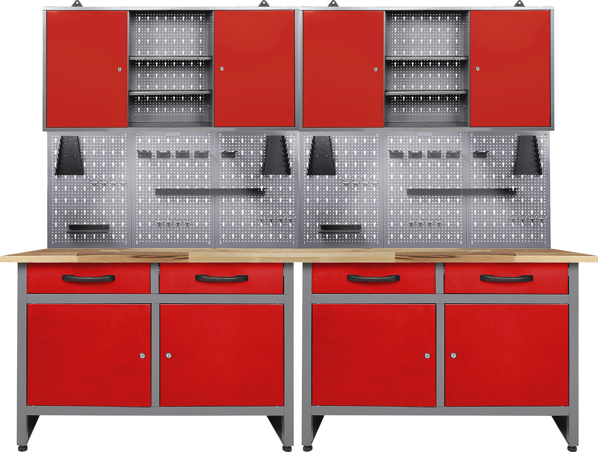 Werkstatt-Set ONDIS24 "Werner", rot, B:240cm H:205cm, Massivholz, Metall, Werkbänke, 240 cm, mit LED