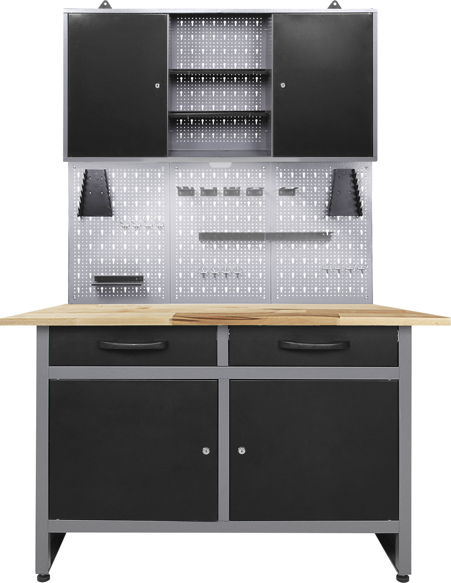 Werkstatt-Set ONDIS24 "Werner", schwarz (anthrazit, schwarz, grau), B:120cm H:205cm T:60cm, Metall, Werkbänke, 120 cm, mit Lochwandsystem inkl. Haken, mit LED