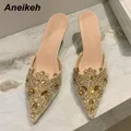 Aneikeh-Escarpins pointus à talons fins en PU pour femmes appliques rétro mules à pois soirée