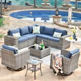 OVIOS 9-piece Patio Wicker Swivel Rocking Chair Set with Glass-Top Tables