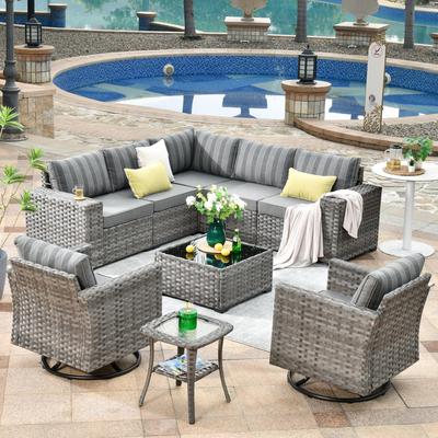 OVIOS 9-piece Patio Wicker Swivel Rocking Chair Set with Glass-Top Tables