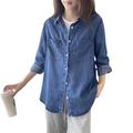 WINDEHAO Women's Soft Tencel Denim Shirts, Casual Loose Long-sleeved Denim Cowboy Blouse Spring Button Down Outer Wear Shirt (Dark blue,XXL)