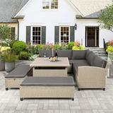 6-Piece Outdoor Wicker Rattan Sectional Sofa set with Table and Benches