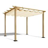 10 ft. x 10 ft. Wood Grain Aluminum Outdoor Pergola with Beige Retractable Shade Canopy