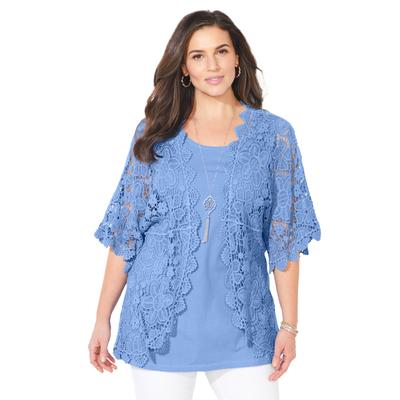 Plus Size Women's Graceful Crochet Kimono by Catherines in French Blue (Size 2X)