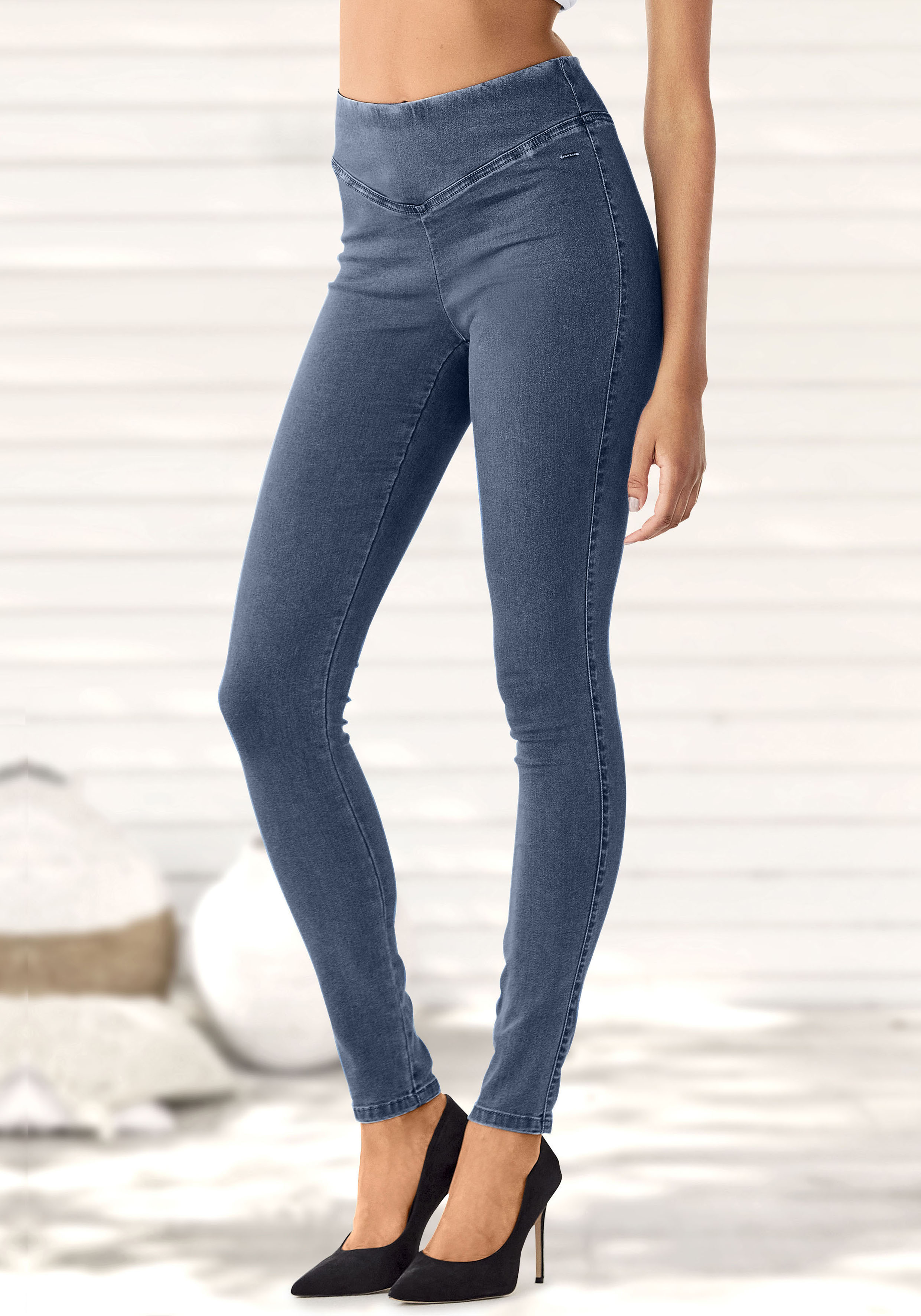 Jeggings BUFFALO, Damen, Gr. 36, N-Gr, blau (jeansblau, blau), Web, Obermaterial: 69% Baumwolle, 21% Polyester, 8% Viskose, 2% Elasthan, unifarben, Basic, figurbetont, Hosen Jeggings, mit breitem Bund