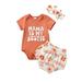 Lamuusaa Baby Girls Summer Jumpsuit Outfit Orange Letter Print Short Sleeve Romper and Elastic Floral Shorts Headband Set