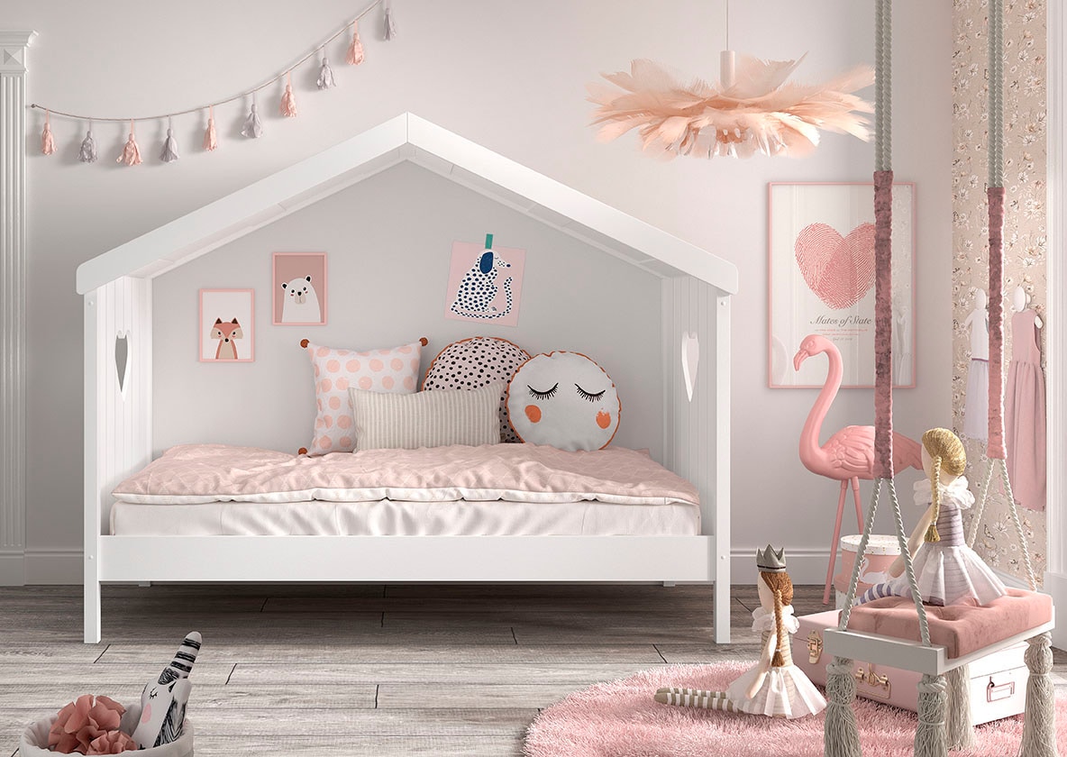 Hausbett VIPACK "Amori, inkl. Dach, Rückseitig offen, mit Rolllattenrost", weiß, B:98,7cm H:213cm L:209cm, Bettgestell Massivholz;Dachaufbau MDF, Betten, Liegefläche 90 x 200 cm, ein Highlight im Kinderzimmer, weiß lackiert Image