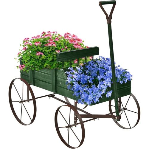 Blumenwagen mit Metall Raeder, Blumenstaender aus Holz, Holzwagen für Blumen&Pflanzen,