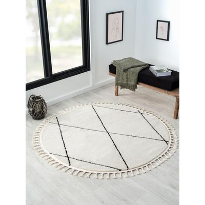 Hochflor-Teppich "Moroccan Pattern", schwarz-weiß (weiß, schwarz), B:190cm H:24mm L:190cm Ø:190cm, Polypropylen (PP), Polyester, MYFLAIR MÖBEL & ACCESSOIRES, Teppiche, Fransenteppich, modern, marokkanisches Design, Rauten Muster, weich, mit Fransen Image