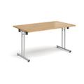 Rectangular folding leg table with silver legs and straight foot rails 1400mm x 800mm - oak