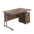 1400 x 800 Twin Rectangular Desk Dark Walnut-Silver + 2 Drawer Ped