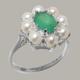 10K White Gold Natural Emerald & Pearl Womens Cluster Ring - Customizable 9K, 10K, 14K, 18K Yellow, Rose Or Platinum