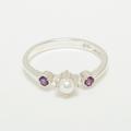 White Gold Pearl & Amethyst Womens Trilogy Ring - Customizable 9K, 10K, 14K, 18K Yellow, Rose Or Platinum