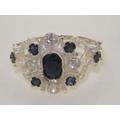 English 14K White Gold Natural Blue Sapphire & Cz Unique Rosette Flower Cluster Pave Ring - Antique Style Customizable