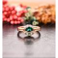 Delicate Bridal Ring Set, 18K Solid Rose Gold Oval Cut 64mm Emerald Engagement Ring, Curved Wedding Dainty Rings, Anniversary Gift