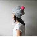 Hand Knitted Hat in Silver Grey, Beanie With Fuchsia Pom Pom, Slouch Seamless Hat, Womens Knit Winter Wool Blend