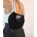 Dainty Black Crochet Bag, Round Clutch Bag, Silver Chain Shoulder Knitted Evening Women Hand Woven Unique Knitting Bag