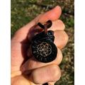 Ammonite Fossil Pendant | Seed Of Life Sacred Geometry Jewelry Mens Black Crystal Necklace Laser Engraved Gift Earthy Minimalist Gem