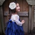 Long Ruffles Bohemian Flower Girl Dress & Waist Corsage - Navy Blue