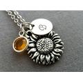 Sunflower Necklace. Initial Silver Pendant. Swarovski Birthstone. Personalized Gift. Flower Thanksgiving