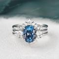 London Blue Topaz Bridal Ring Set White Gold Oval Engagement Vintage Unique Halo Wedding Band Art Deco Promise