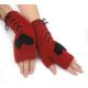Red Fingerless Handknit Wool Gloves With A Black Heart & Satin Ribbon