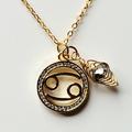 Cancer Gold Zodiac Necklace With Cubic Zirconia Pendant & Wire Wrapped Crystal Bead Dangle