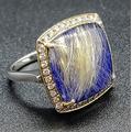 14K Solid Two-Tone Gold Ring With 0.40 Ct. Si1 Clarity, G Color Natural Brilliant Diamonds & 12.20 Rutilated Quartz Over Lapis