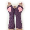 Heart Hand Knitted Cabled Fingerless Gloves. Purple & Pink Or 44 More Colors. Lovely Gift For Lady. Warm Accessory Women Teens