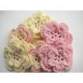 Crochet Flower Appliques - 6 Three Layer, Pink & Cream Thread Flowers