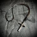 Rustic Brutalist Style Oxidised Distressed Solid Sterling Silver 925 Cross Crucifix Pendant With Magnetic Closure Leather Cord Necklace