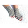 Grey & Brown Half Finger Gloves, Hand Knitted Striped Typing Gloves For Cold Hands, Handmade Unisex Wool Knit Wrist Warmers