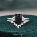 Salt & Pepper Black Rutilated Quartz Ring Set Emerald Cut Engagement Vintage White Gold Diamond Cluster Bridal Crystal