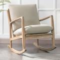 Solid Wood Rocking Chair Linen Fabric Upholstered Comfy Accent Chair for Porch Garden Patio Balcony Living Room and Bedroom Beige
