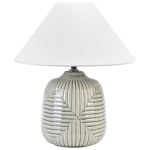 Nachttischlampe Grau Keramik 35 cm Weißer Trommelschirm Handgefertigt Geometrisches Muster Nachttisch Wohnzimmer Schlafzimmer Beleuchtung