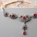 Vintage Style Silver Red Bridal Necklace, Crystal Drop Wedding Pearl Necklace, Bridal Jewelry, Prom Great Gatsby, Jewelry