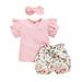 Qufokar Baby Girl Jeans 0-3 Months Girls Top And Pants Set Tops+Floral Frill Solid Baby Outfits Clothe Shorts+Headband Girls Girls Outfits&Set