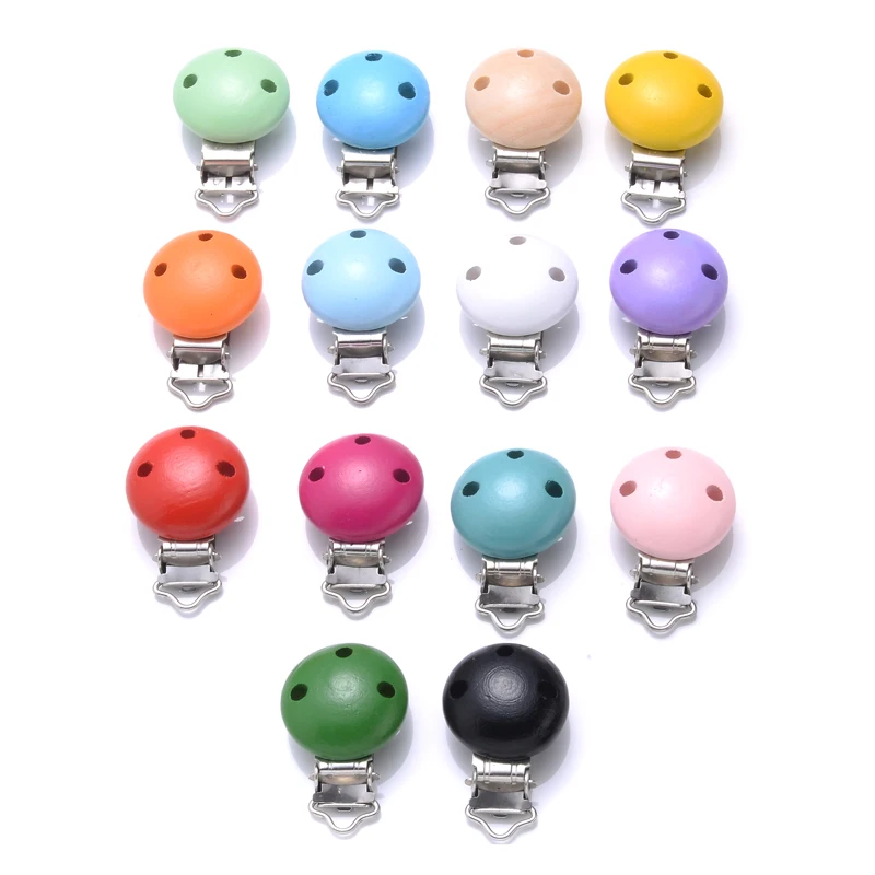 10 pièces 14 couleurs en bois bébé porte-sucette pince 30mm rond factice mamelon fermoirs pour bricolage sucette Clips chaîne anneau de dentition accessoires