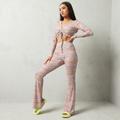 Ruched Front Crop Top And Trouser Co Ord In Pink Multi Print UK 10, Pink