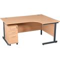 Office Desks- Karbon K1 Ergonomic Cantilever Office Desks 1600W with Left Hand Desk Return With Narrow Under Desk Pedestal in Beech with White legs -