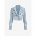 Women Blazers Tweed One Button Crop Blazer L Light blue