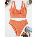 Women ZAFUL Square Ribbed Ruched Tankini Swimwear L Orange